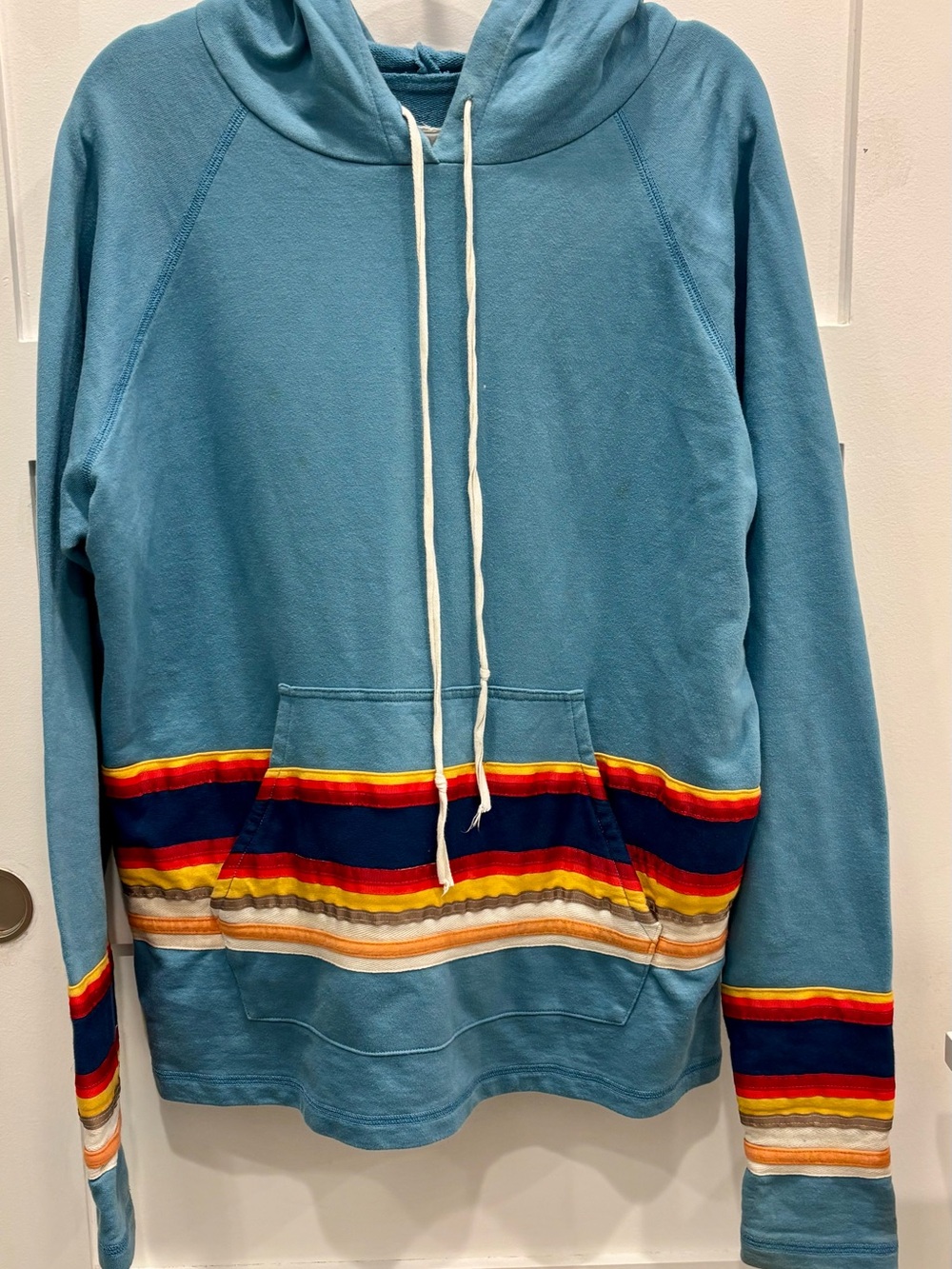 Greg Lauren Blue Pullover Hoodie with Multi-Color Stripe Detail